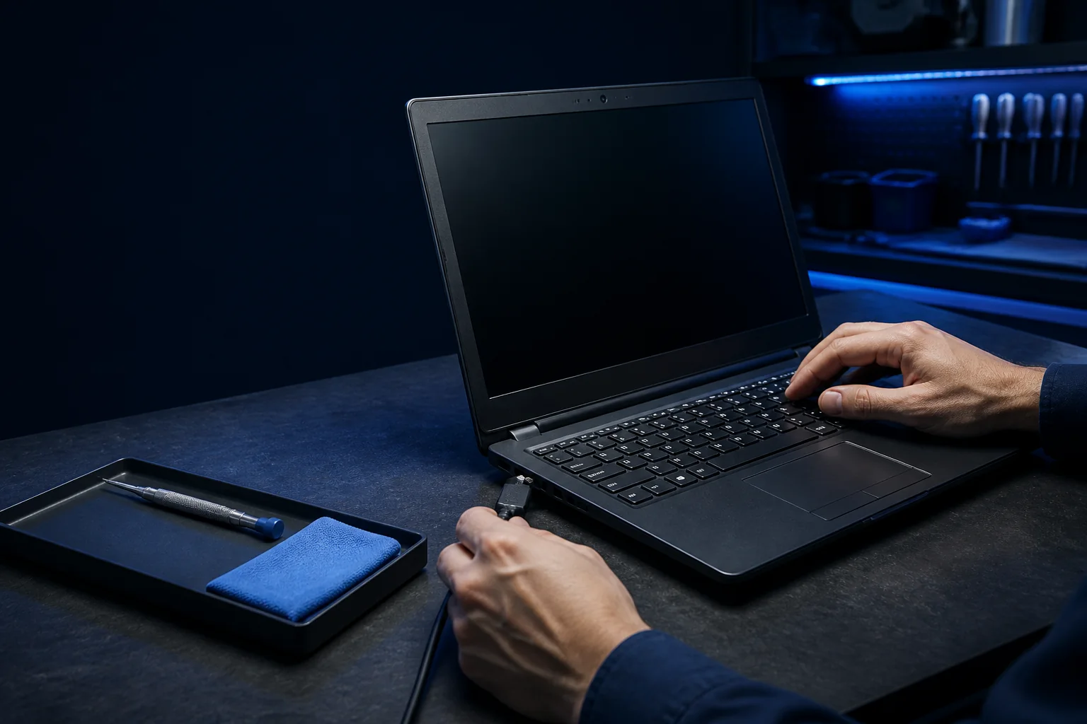 Technician inspecting a renewed business laptop on a workbench